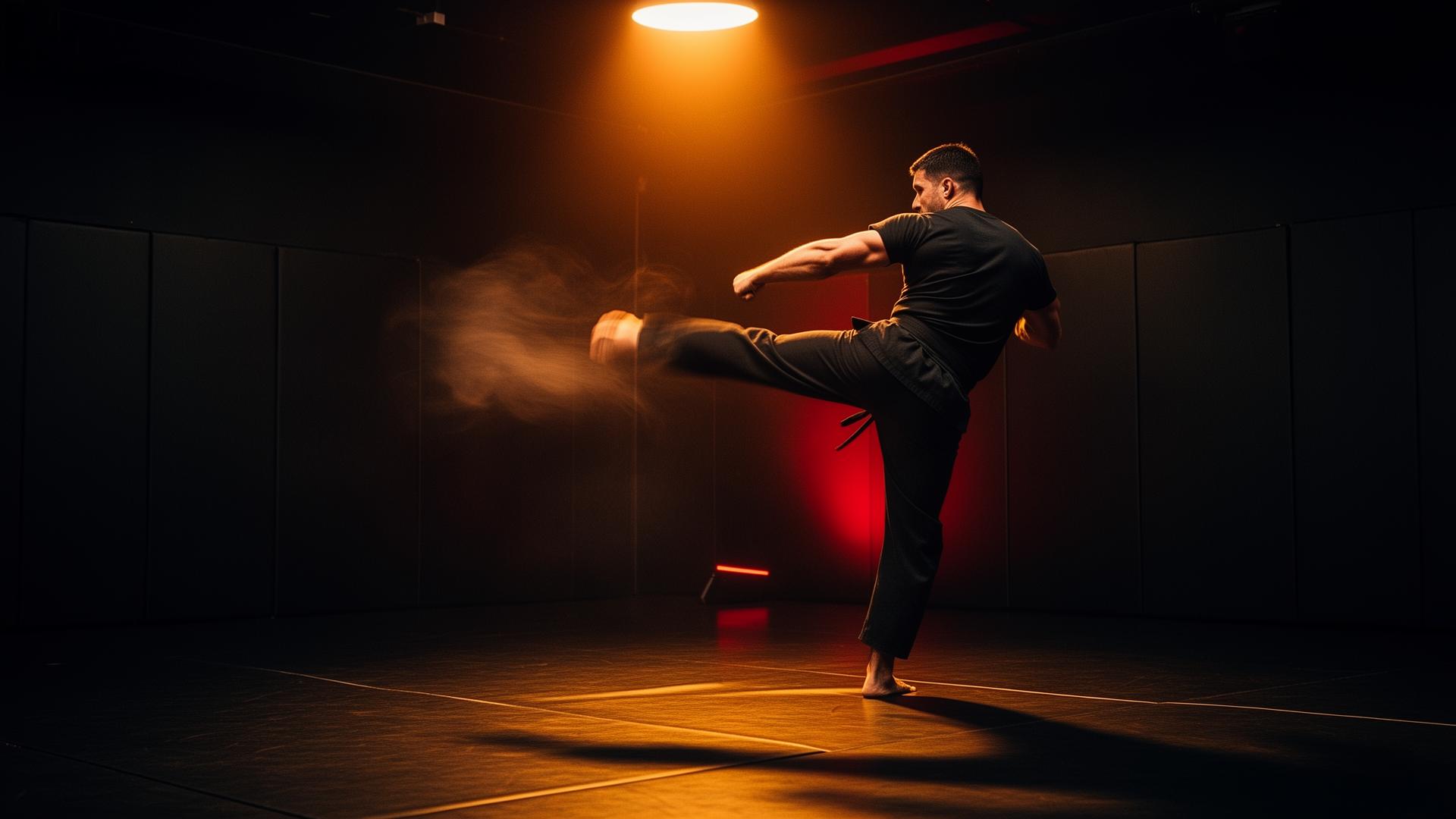 Martial arts coach demonstrating a kick in a dark training academy
